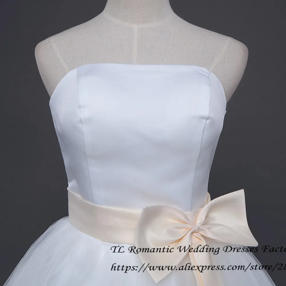 Robe de mariée blanche pure sans bretelles avec nœud à la taille, longueur au sol, grande taille, robe éducative, robe de mariée bon marché, boule, peu importe XXN011