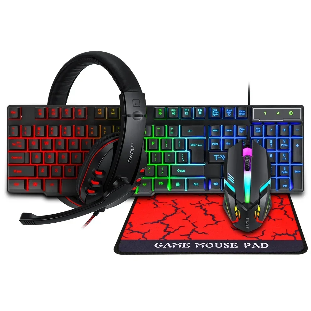 Spanische Tastatur-Maus-Headset-Mauspad-Set, mechanisches Gefühl, Spiel, 104 Tasten, Tastaturen, 1200 DPI, Mäuse, Kopfhörer-Kombinationen für PC-Gamer