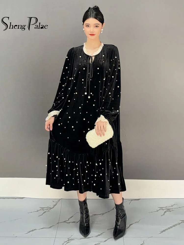 SHENGPALAE Spliced Beading Dress Women Round Collar Full Sleeve A Line Patchwork Medium Long New 2024 Wedding Party 5C1540