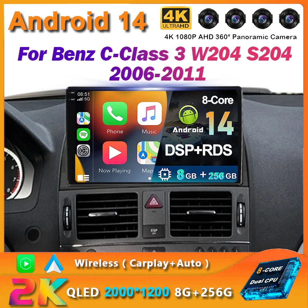 Android 14 Car Multimedia Player For Benz C-Class 3 W204 S204 2006 - 2011 Radio Navigation Stereo Carplay Autoradio GPS 8+128G