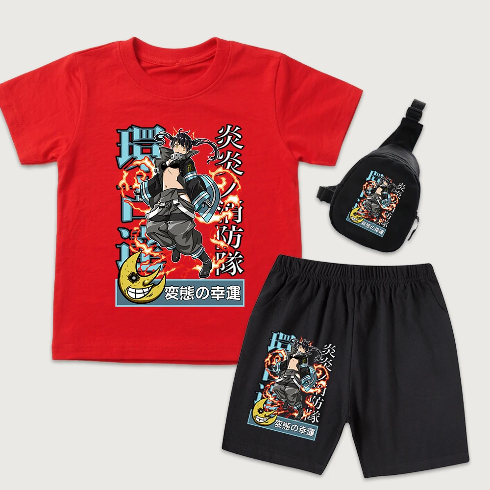 Fire Force Tamakii Kotatsu Anime Print Kids Cotton T Shirt Shorts Mini Chest Bag 3 Piece Set for Boys Girls Casual Summer Outfit
