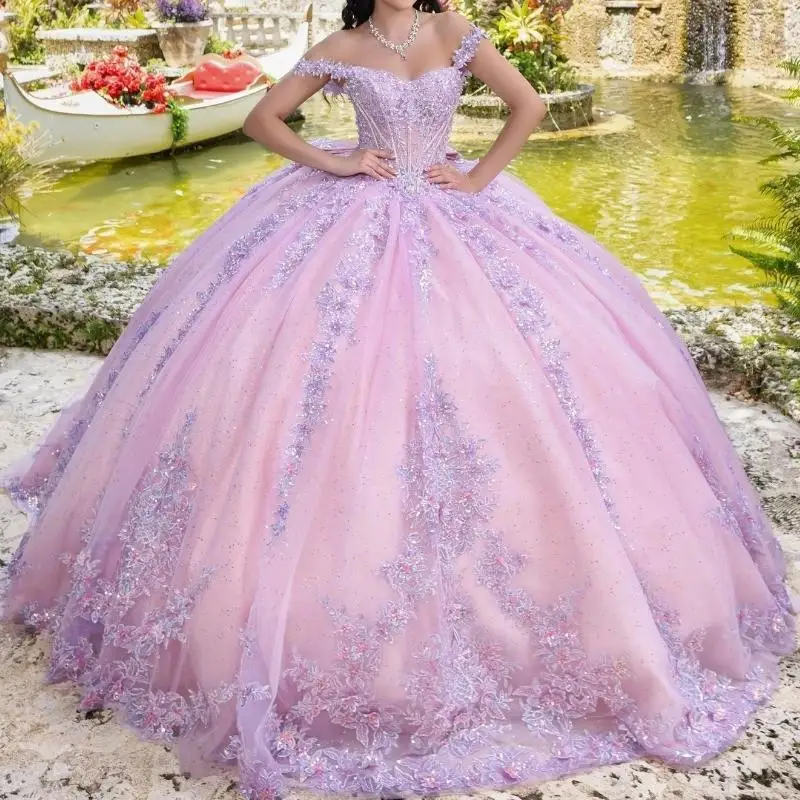 

Розовое блестящее бальное платье Quinceanera Платья с открытыми плечами Аппликации Кружевной бант из бисера Кристалл Тюль Sweet 16 Платье Vestido De 15