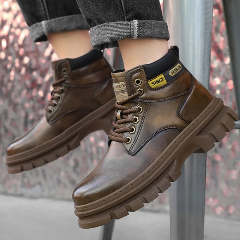 

Men's Fashion Boots Solid Color Round Toe Retro Style Solid Color Flat Heel Large Size Laced Up New Trendy Mid-calf Boots