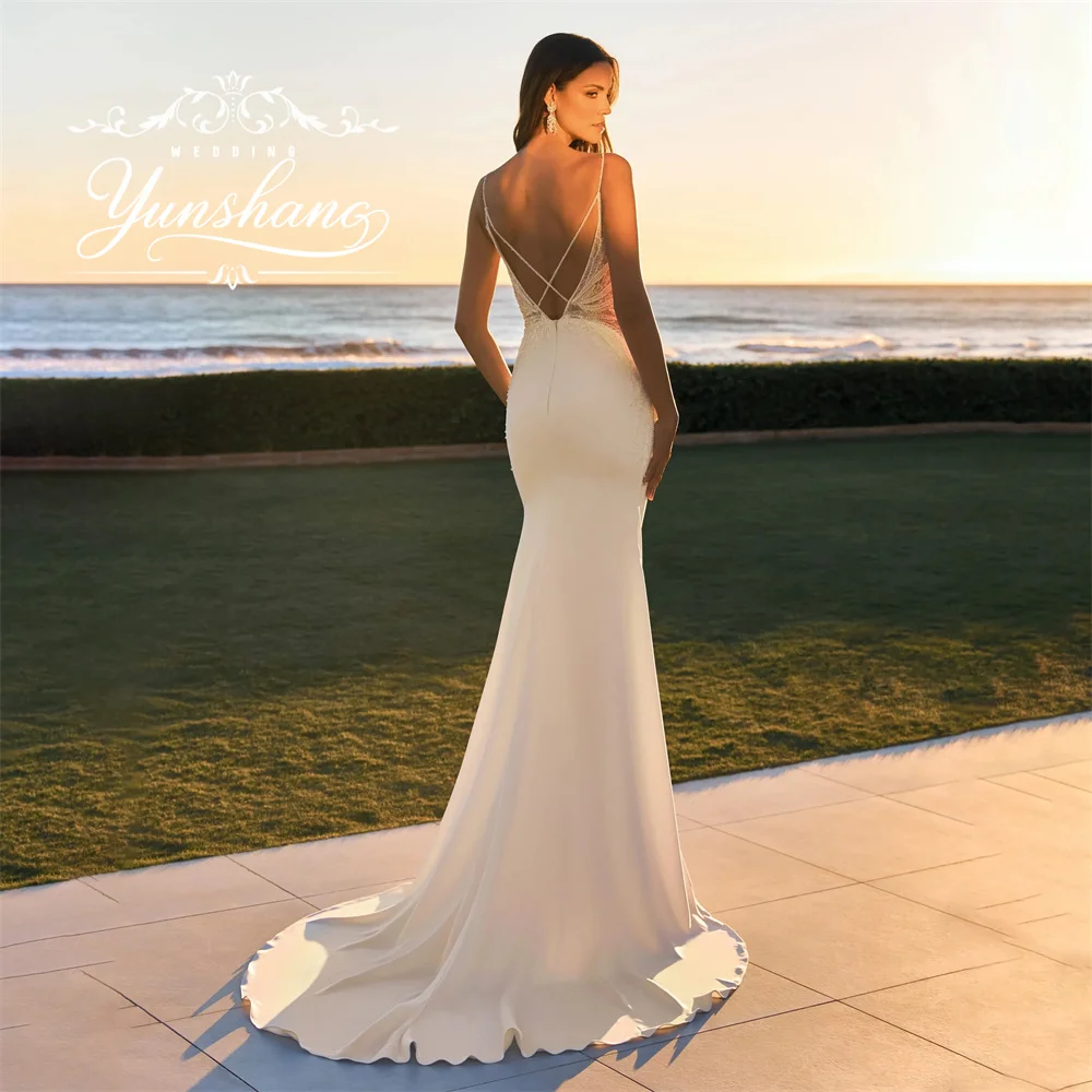 YunShang Customized V-Neck Mermaid Wedding Dress Sleeveless Backless Spaghetti Strap Appliques Embroidery Court Train Sequin