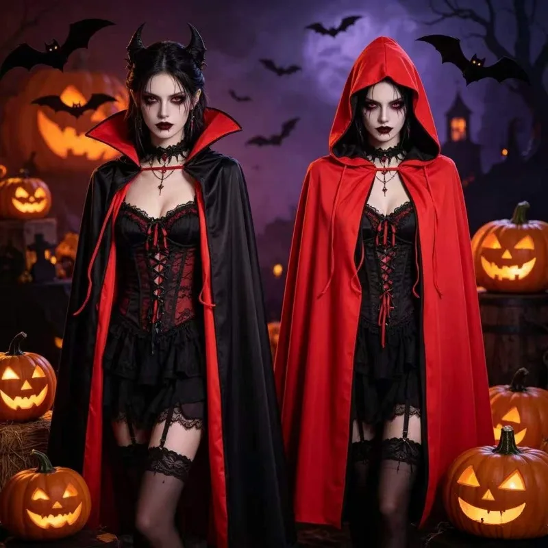 1pc Halloween Cape Red Black Stand Collar Grim Reaper Cloak Pirate Cape Adult Masquerade Costume Props
