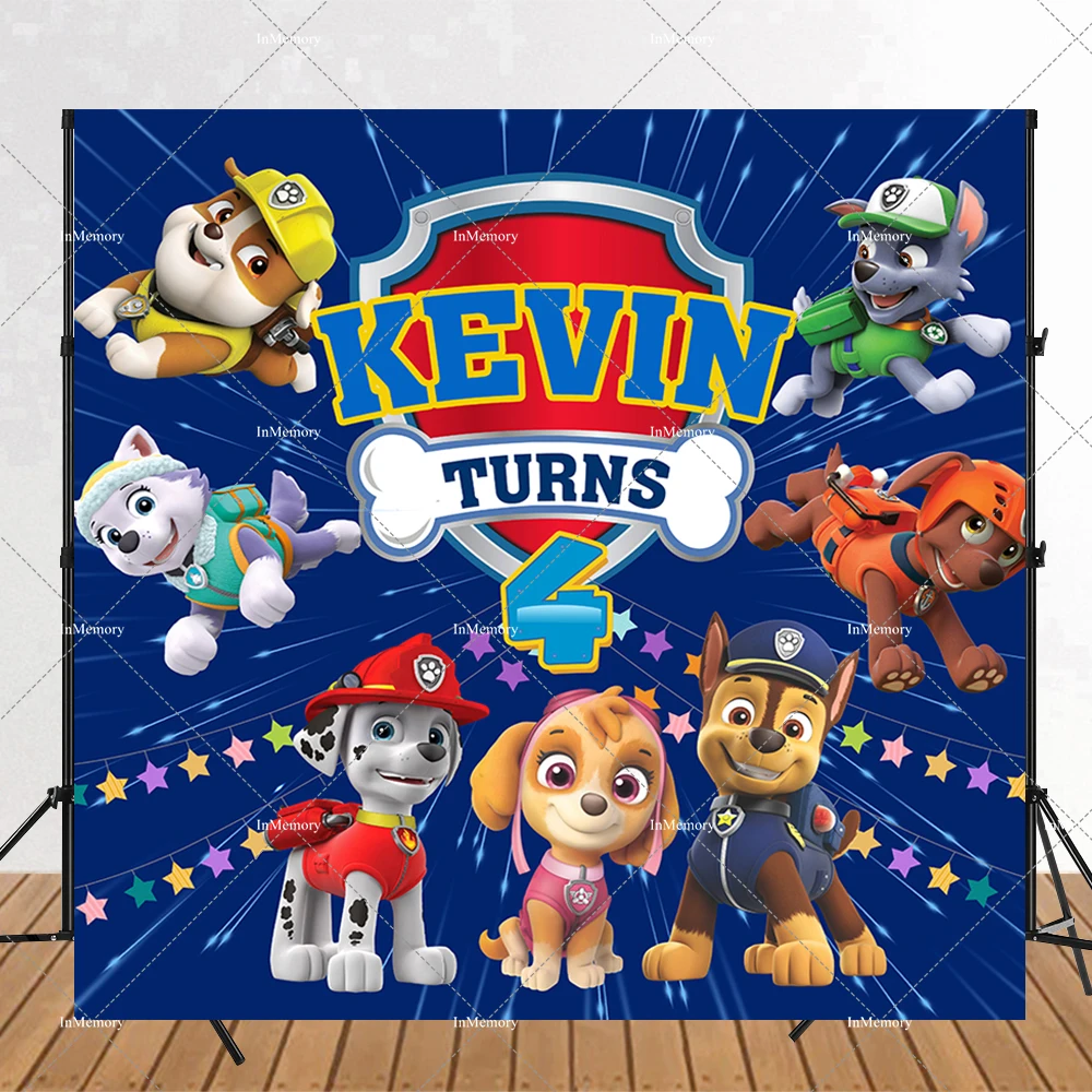 Fondo Fotográfico para Fiesta de Cumpleaños con Temática de Patrulla Canina en Azul Rey, Decoración con Marshall, Skye y Chase