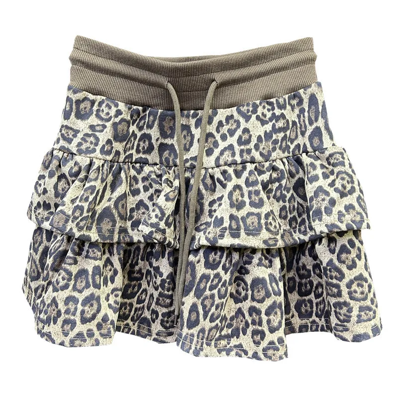 

New autumn retro leopard print layered lotus leaf edge anti-exposure A-line skirt versatile skirt