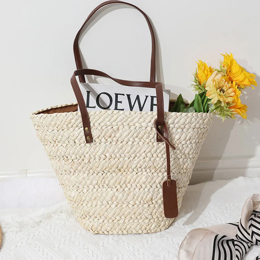 Soft Leather Straw Handbag Comfortable To For Travelling Practical Large Capacity Shoulder Bags As Shown