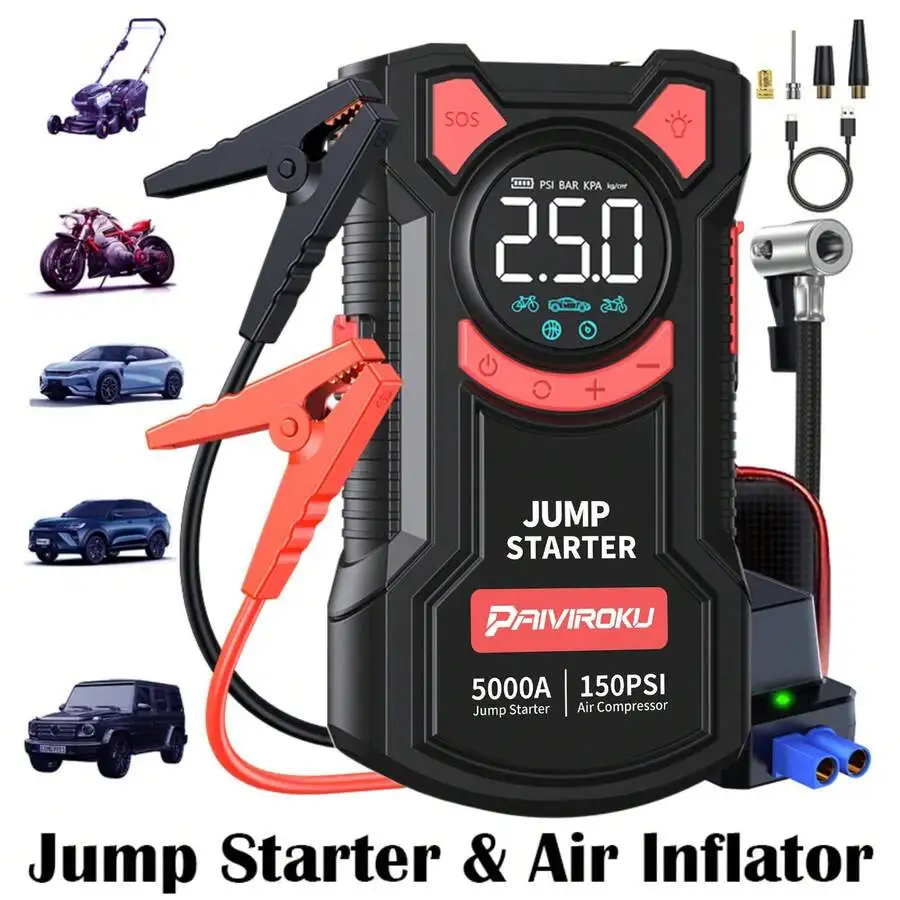 5000A Peak Car Jump Starter With 150PSI Air Compressor, 5 In 1 Portable Jump Box Battery Pack With Digital Tire Inflator, Fast C