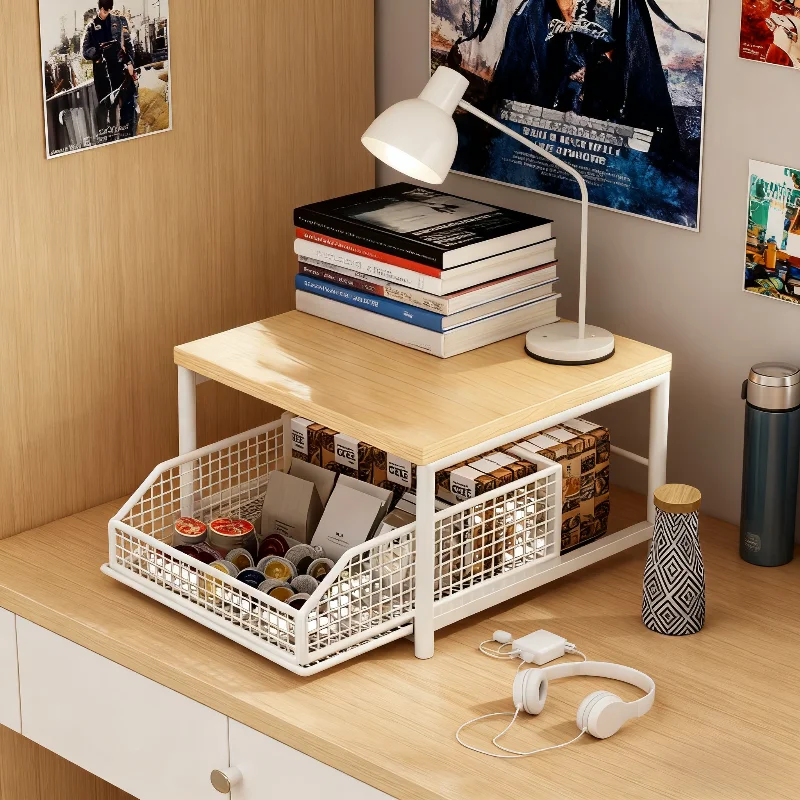 

Space Saving Kitchen Counter Organizer with Drawer Wire Basket for Coffee Maker Utensils Spices Solid Wood Metal Structure Rack