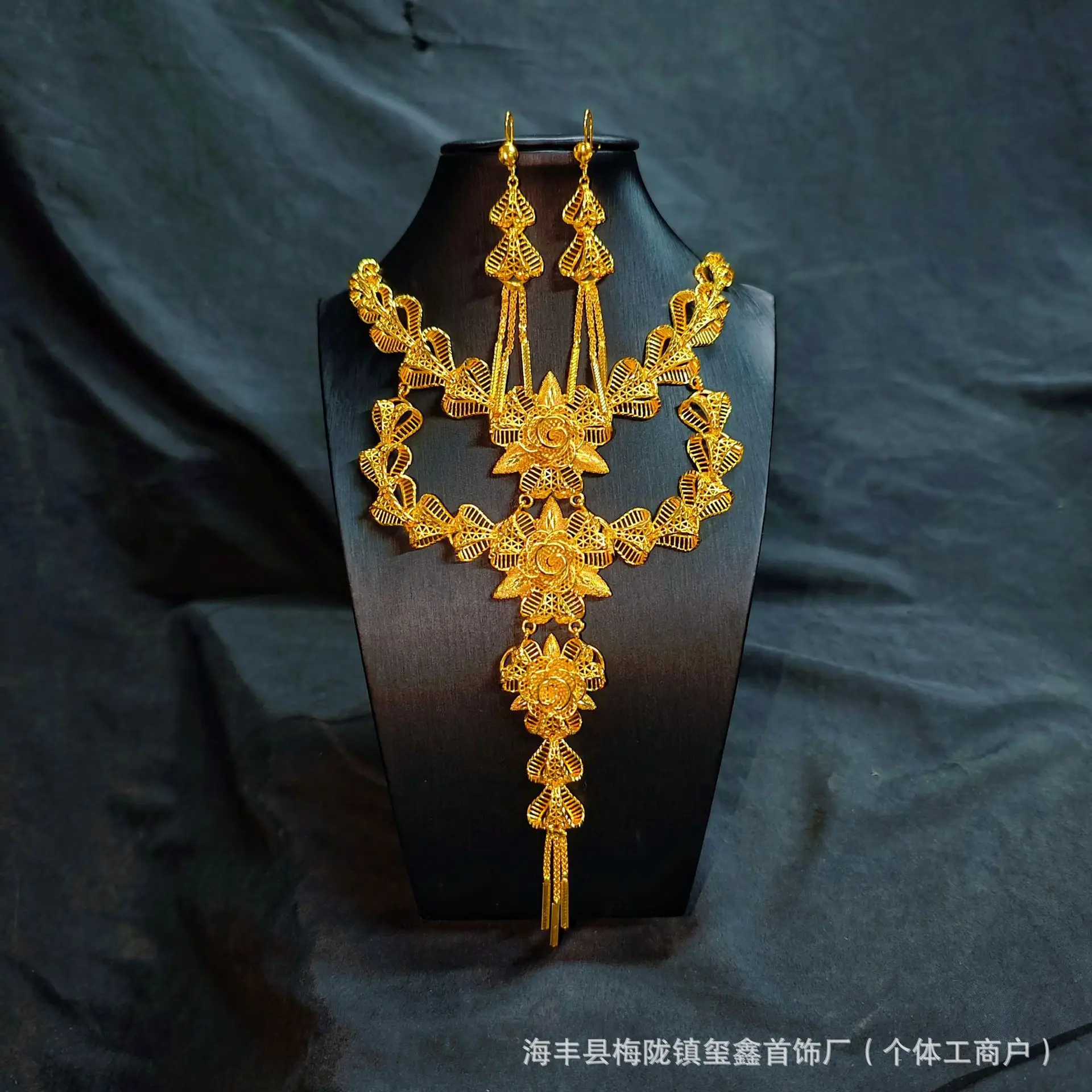 Luxury 24K 9999 Pure Gold real gold Dubai Middle East Flower Necklace Set Women's Necklace