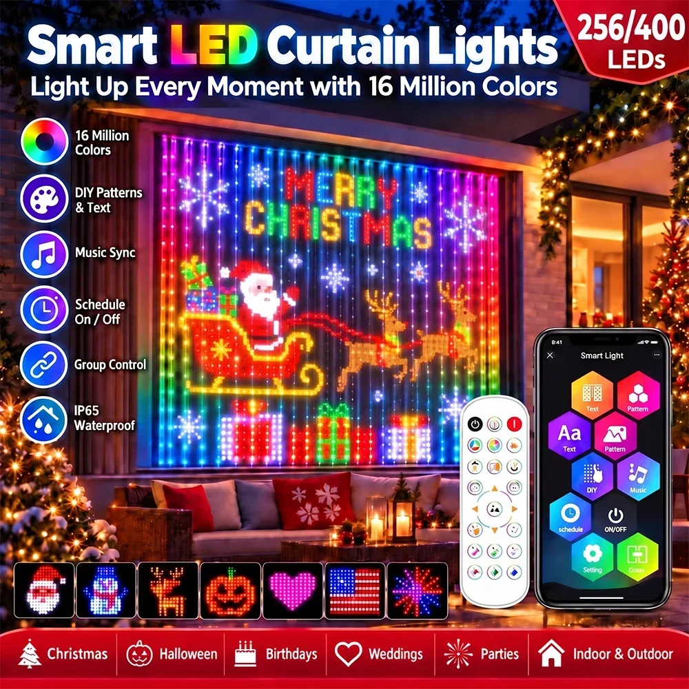 1-2個入り-スマートledカーテンライト-ledフェアリーライト-アプリ制御-音楽連動-diyパターン-防水仕様-屋内・屋外-パーティー装飾用
