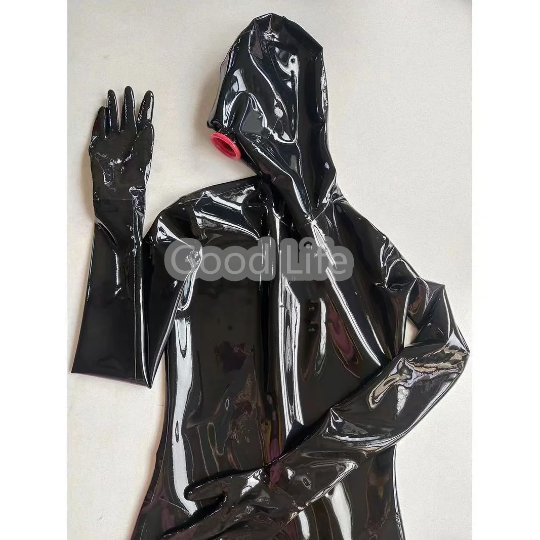 Full Cover Black Latex Catsuit Attached Mouth Sheath zentai mask hood costumes back to crotch zipper