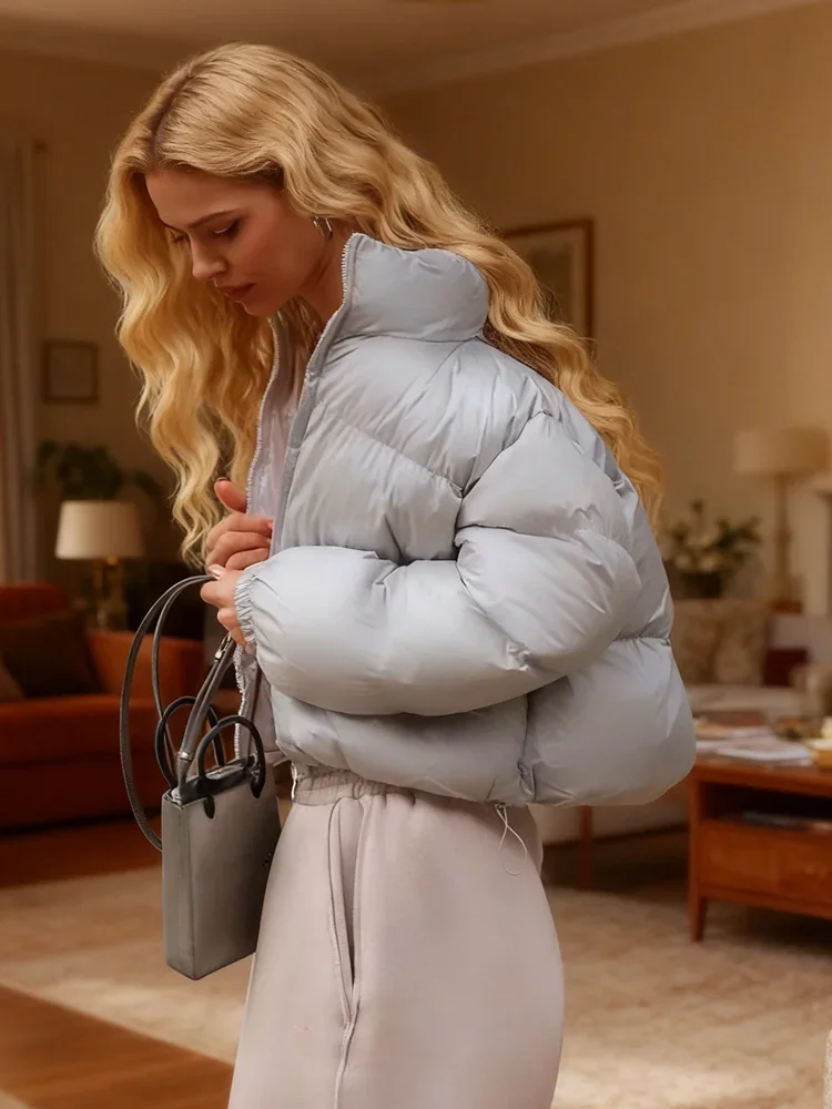 

Warm Winter Short Coat Chic Girl's High Street Outerwear Light Color Women's Cropped Puffer Jacket Stand Collar Zip-up Fashion