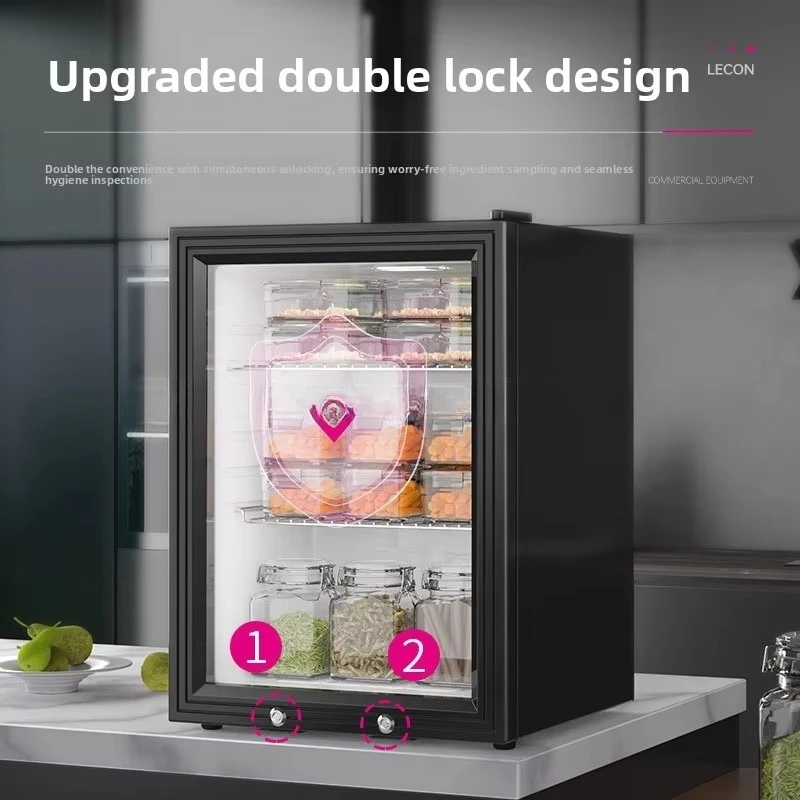 x1 Commercial lockable food sample cabinet for cafeterias, restaurants, and beverage refrigerated display showcase