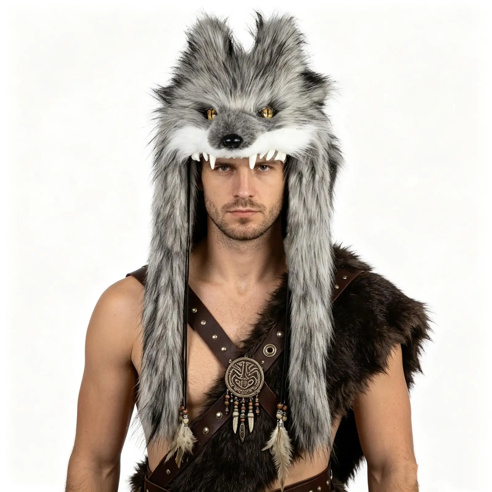 Halloween-Wolfskopfmaske aus Kunstfell im Wikinger-Stil, Wolfskopf-Mütze mit Zähnen, Cosplay-Kostüm-Accessoire für Partys und Karneval.