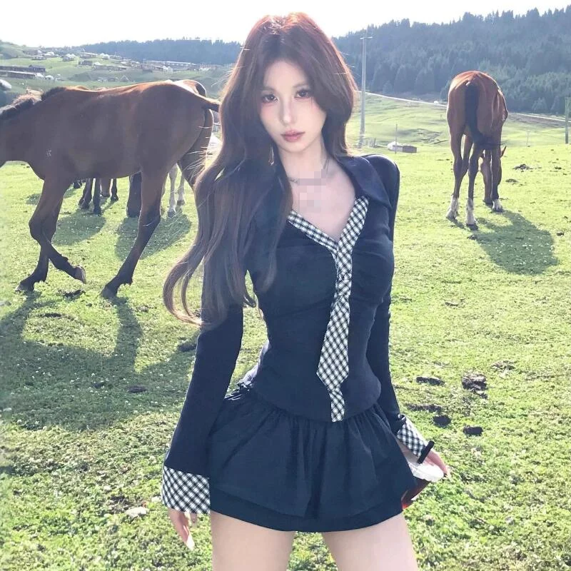 Spring Autumn New Fashion Women Clothing Pure Desire Design Sense Checkered Tie Set Long Sleeve Tshirt High Waist Puff Skirt Set