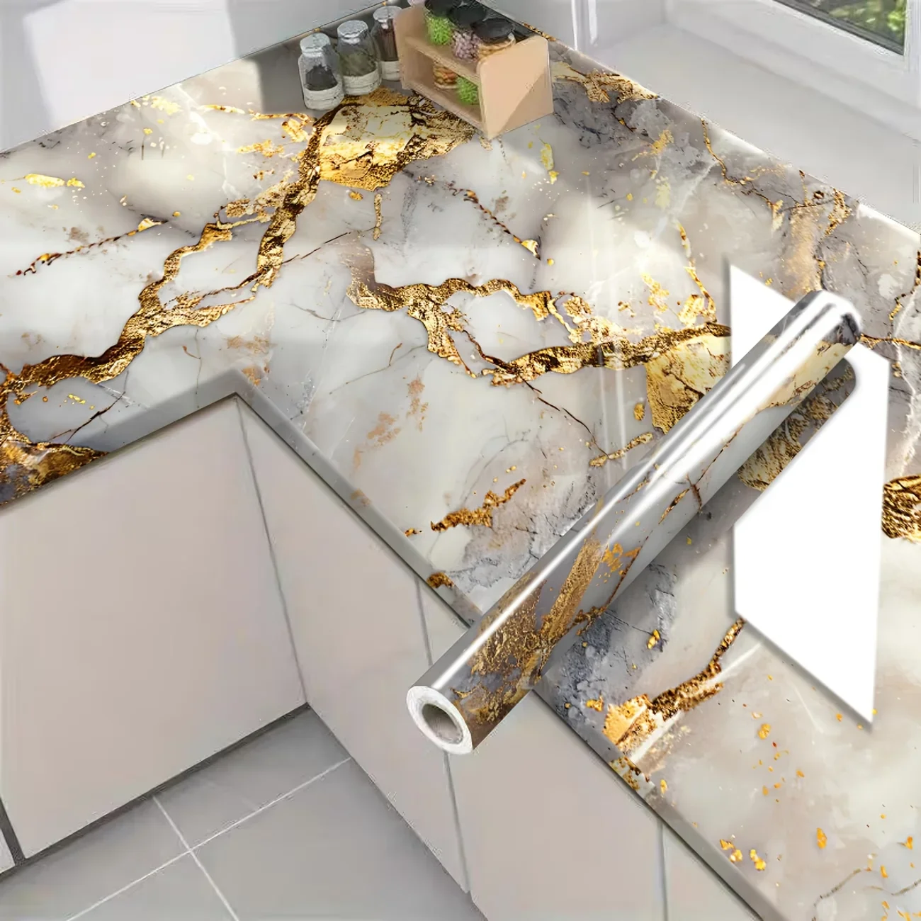 Gilded Marble Oil-resistant Contact Paper Waterproof Peel Stick Vinyl Wallpaper for Kitchen Countertop Cabinet DIY Decor.