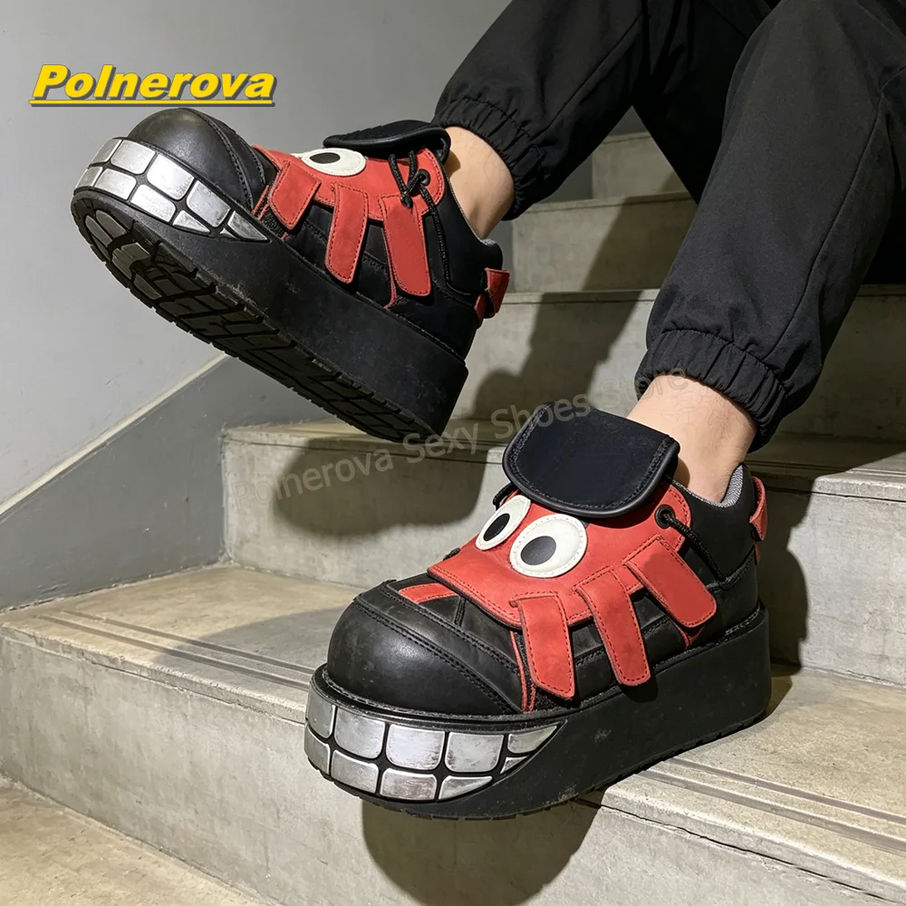Y2K Cartoon Monster Plateau-Pumps Rot-Schwarz Farbblock Leder Runde Zehenkappe Augen-Zähne-Patchwork Schnürschuhe im Street-Style 2026