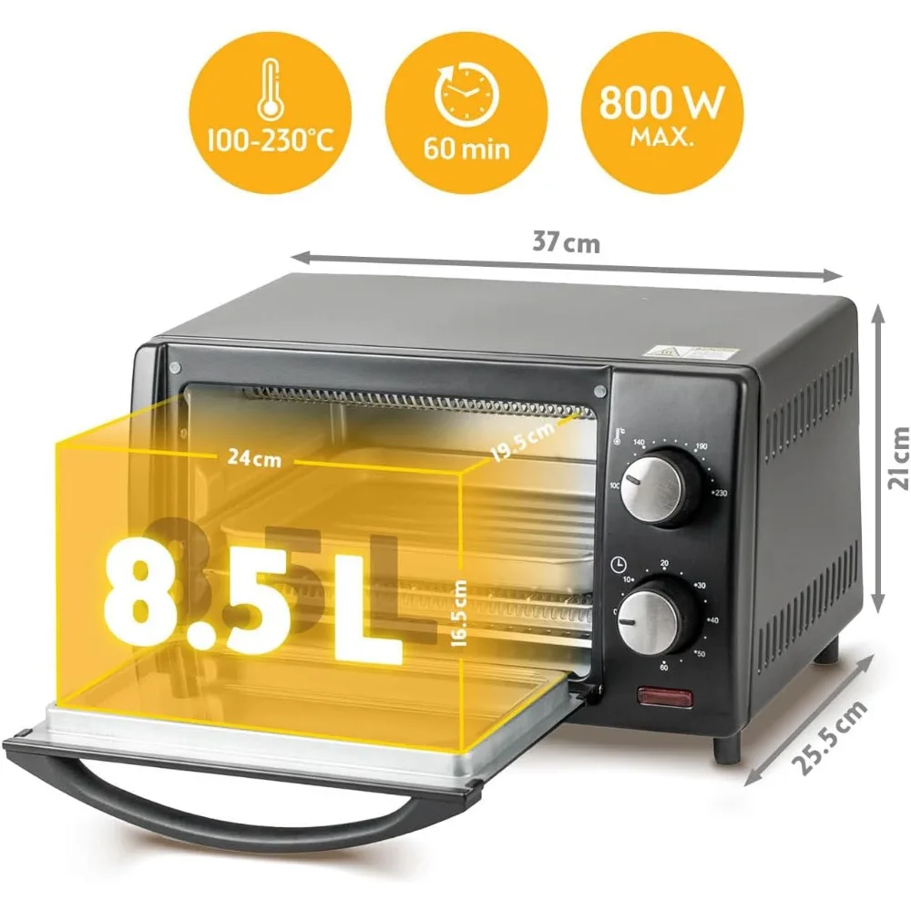 فرن صغير 10 لتر 800 وات من TZS First Austria - التحكم في درجة الحرارة حتى 230 ° C، مؤقت لمدة 60 دقيقة، ارتفاع الرف المزدوج