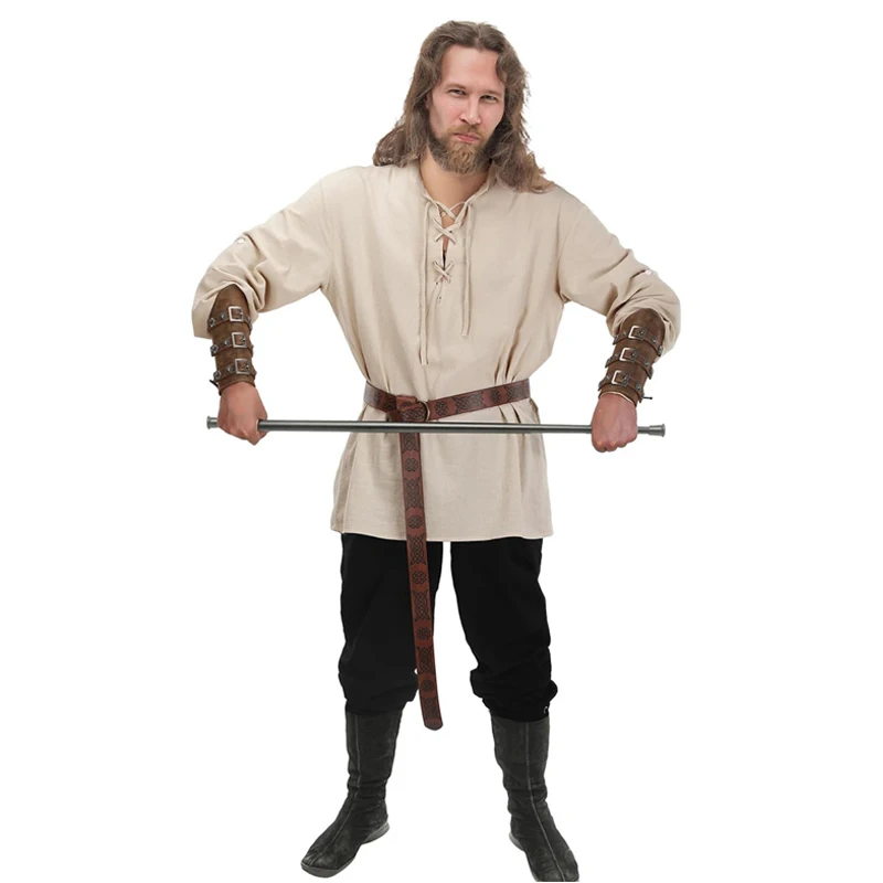 

4Pcs Halloween Men's Renaissance Costume Set Medieval Pirate Shirt Ankle Banded Pants Viking Belt Accessories Pirate Viking Suit