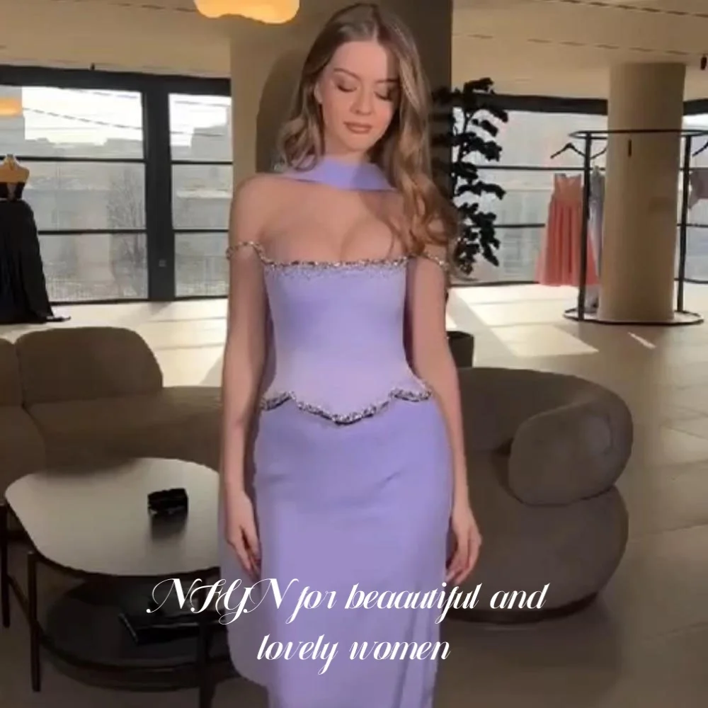 

NFYN Lilac Elegant Formal Gown Sleeveless Evening Dress Trumpet Pleats Scarf with Sequins Celebrity Dress for Woman Customized