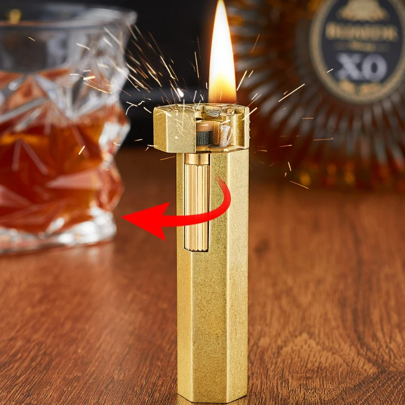 Brand New Handmade Vintage Hexagonal Groove Antique Grinding Wheel Lighter, Personalized Brass, Antique Silver Lighter