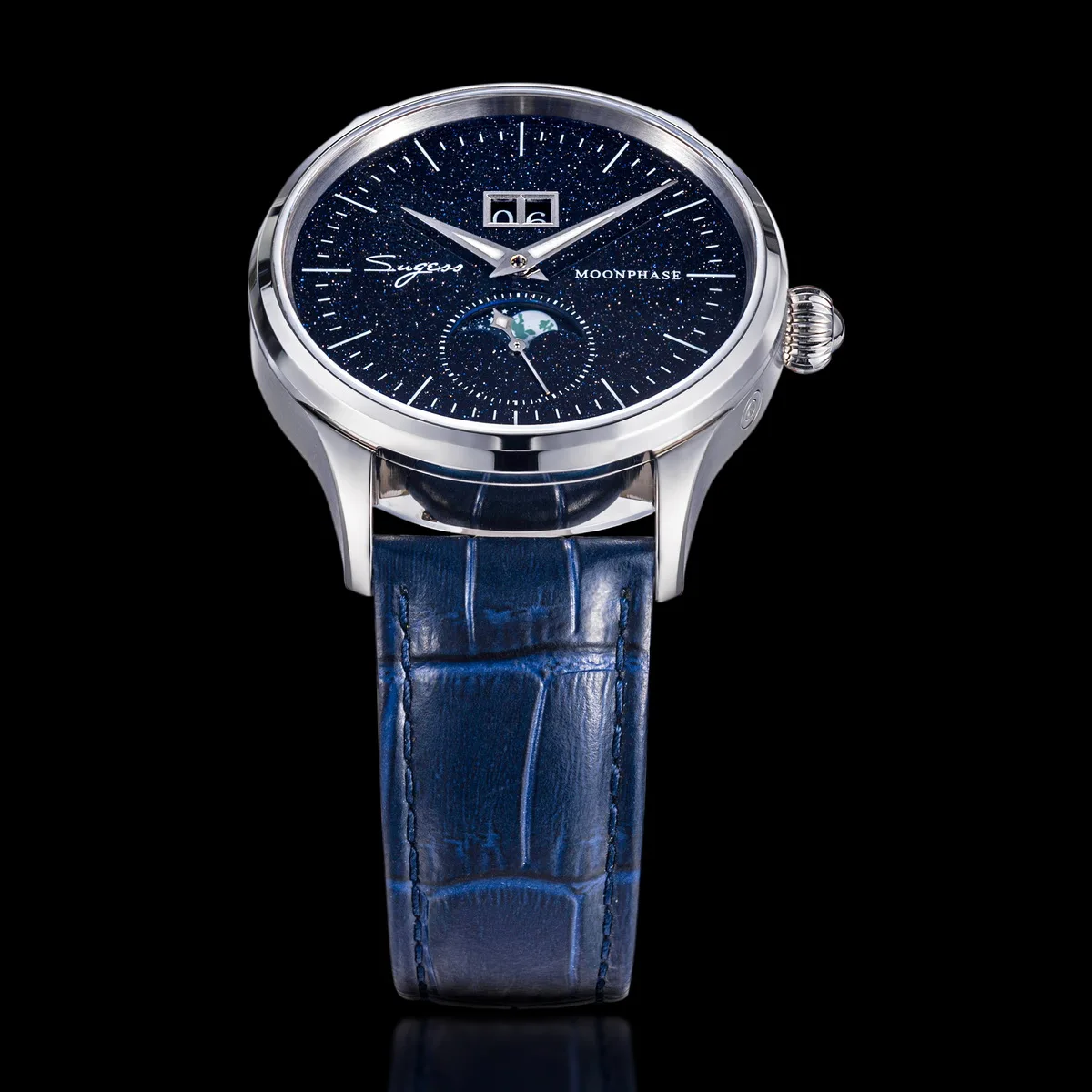 Sugess Moonphase Herrenuhr, 40 mm, automatische mechanische Armbanduhren, Origin ST2528, Uhrwerk, blaue Sandstein-Zifferblätter aus Edelstahl – Detail 20
