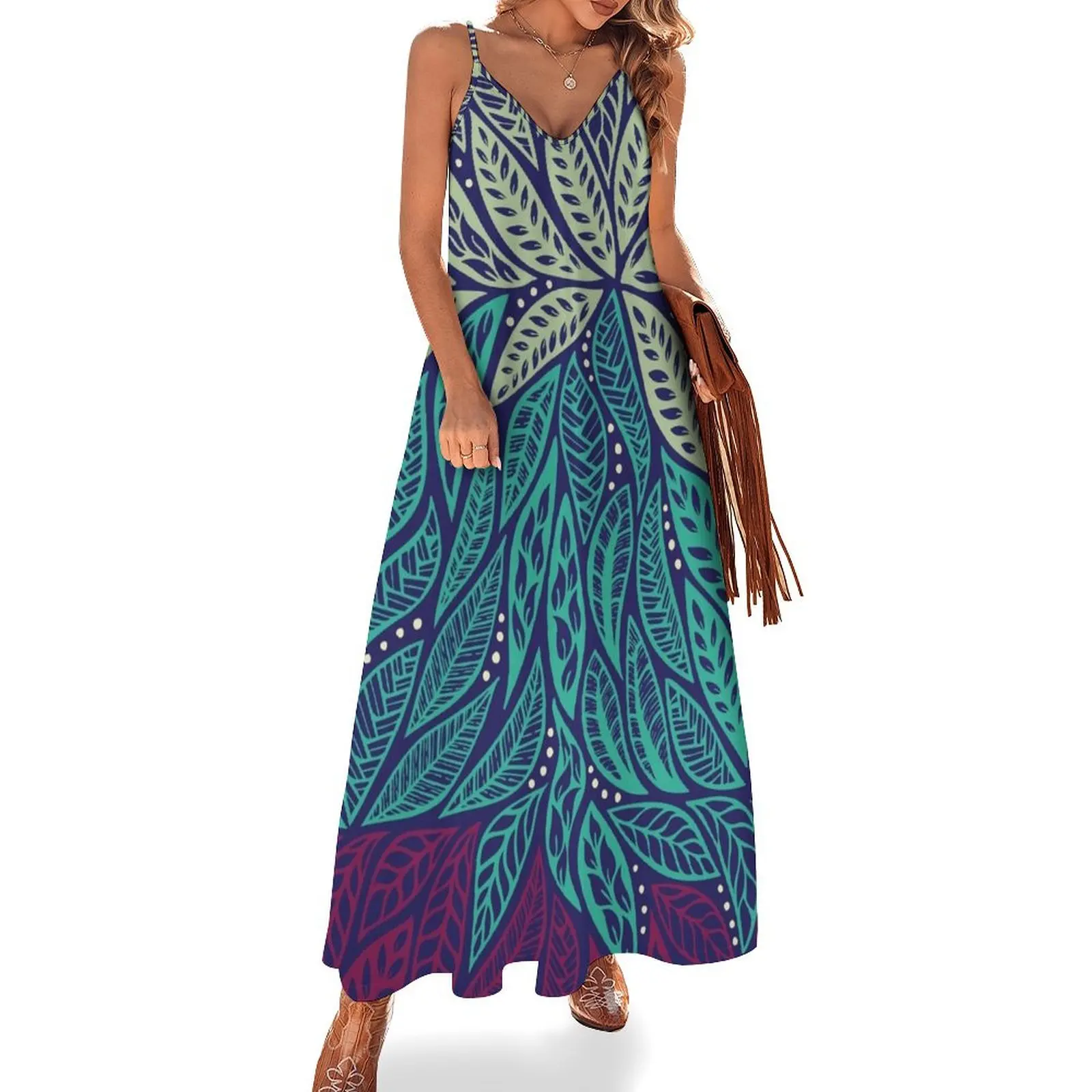 

Polynesian floral blue purple tattoo design Sleeveless Long Dress party dresses women dresses with long sleeves Dress