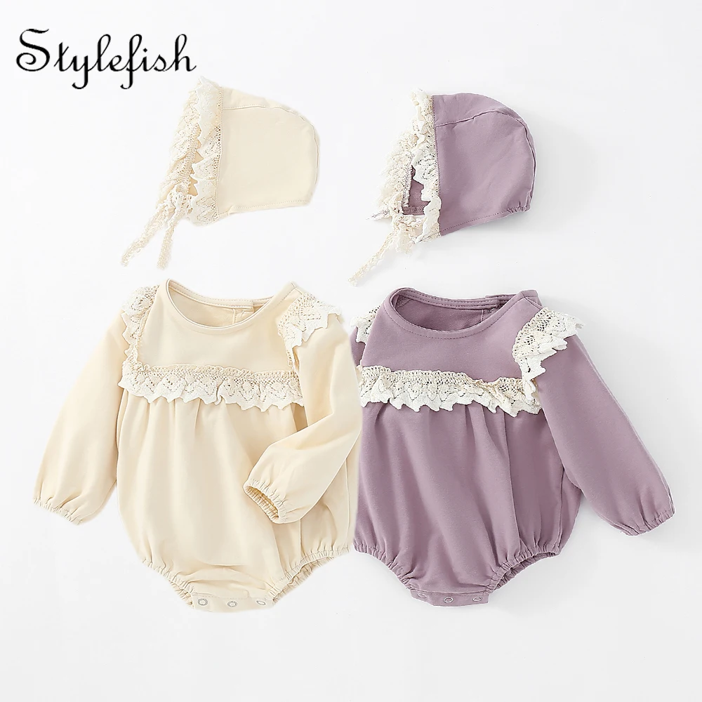 2022 baby girls rompers 100% cotton newborn 100-day clothes lace ruffled long-sleeved one-piece romper triangle climbing clothes