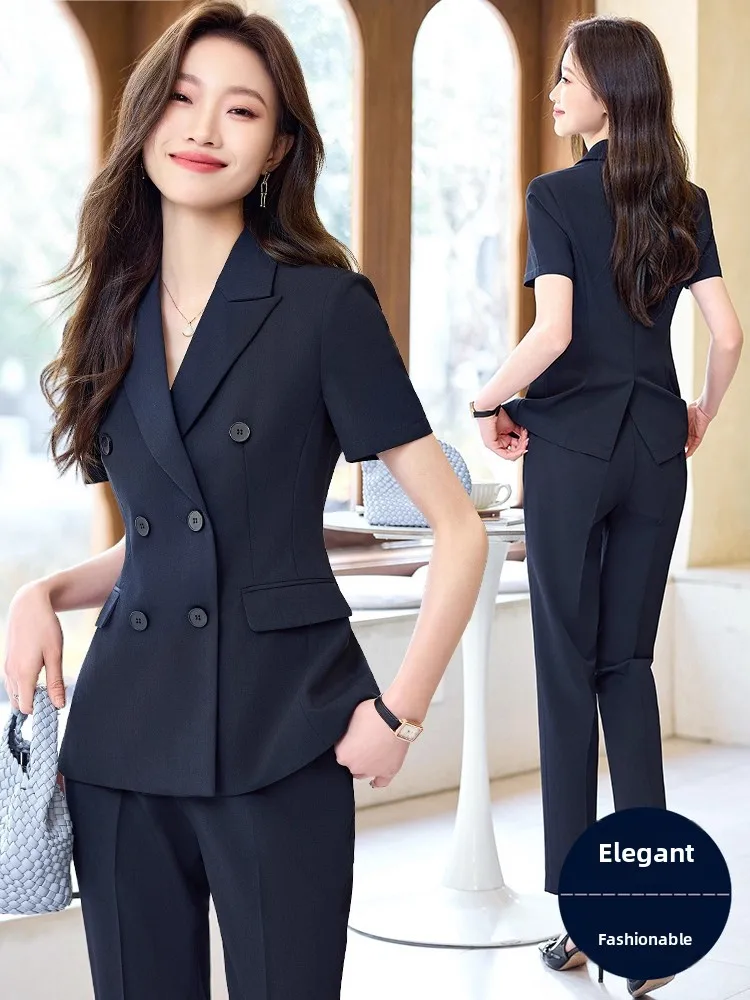 Lightweight Short Sleeve Suit Set for Women Summer Thin Interview Formal Managerial Professional Outfit Polyester Commute Style