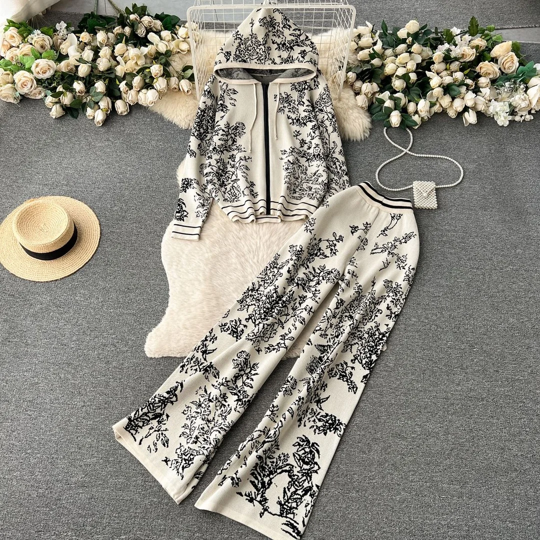 Two Piece Set Muslim Women Knitted Coat Hooded Jacket Zipper Wide Leg Pants Suit Print Ensemble Sports Outfits Knit Tracksuit