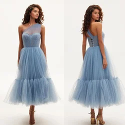 Customized Fashion Tulle Pleat A-line One-shoulder Midi Dresses Quinceanera Dresses Exquisite Elegant High Quality Sizes Availab