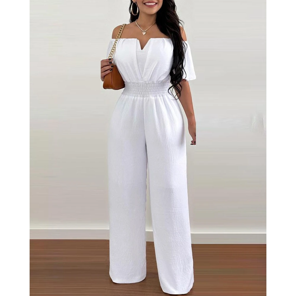 Women's Wide Leg Jumpsuit, Summer Off The Shoulder, Shirred Waist, Short Sleeve Overalls, Lady Solid Jumpsuits, Robe, Fashion