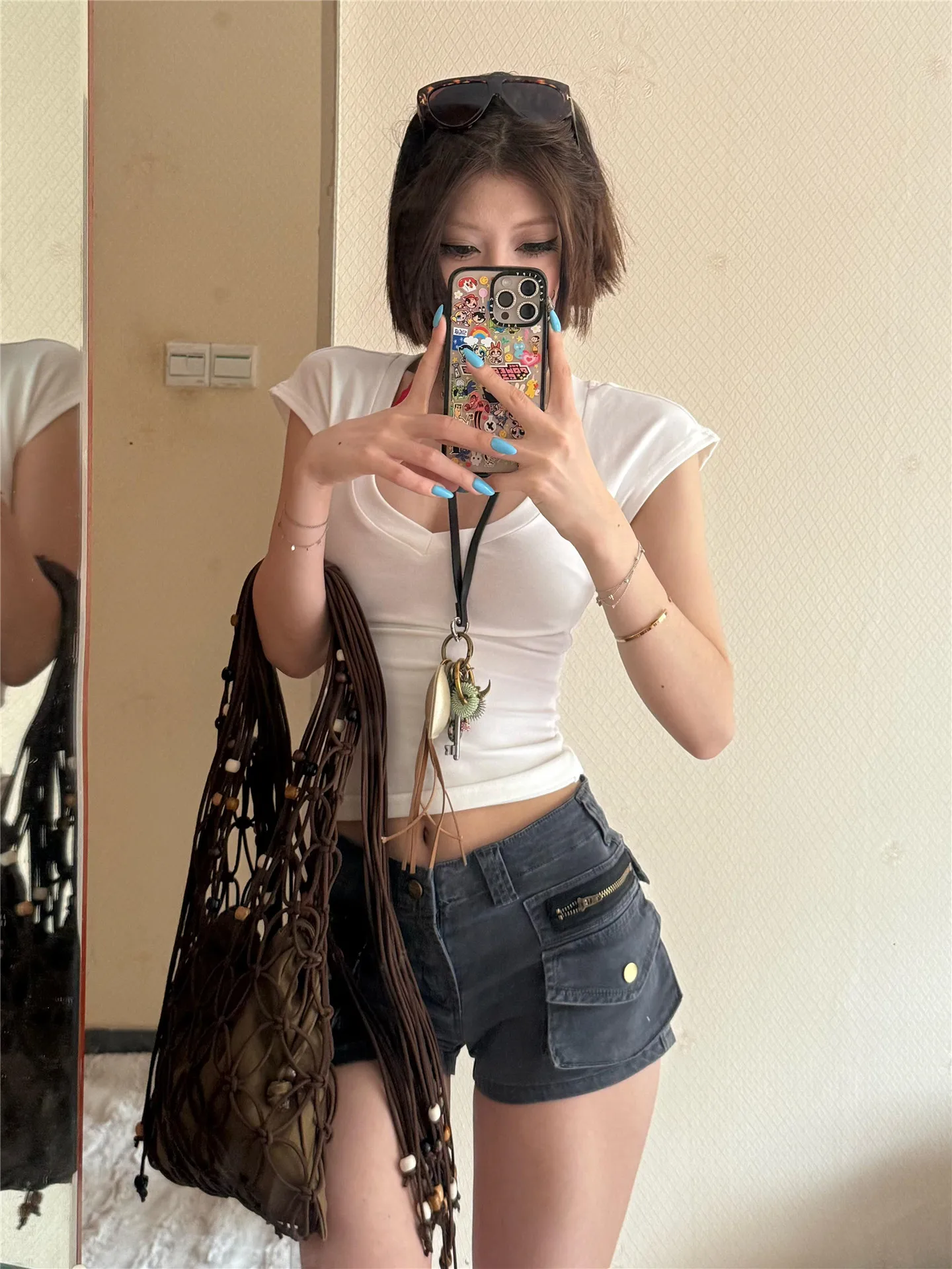 Retro American Low Waist Sexy Grey Workwear Denim Shorts Women Summer Slimming Multi Pocket Bodycon Hot Pants Casual Cotton