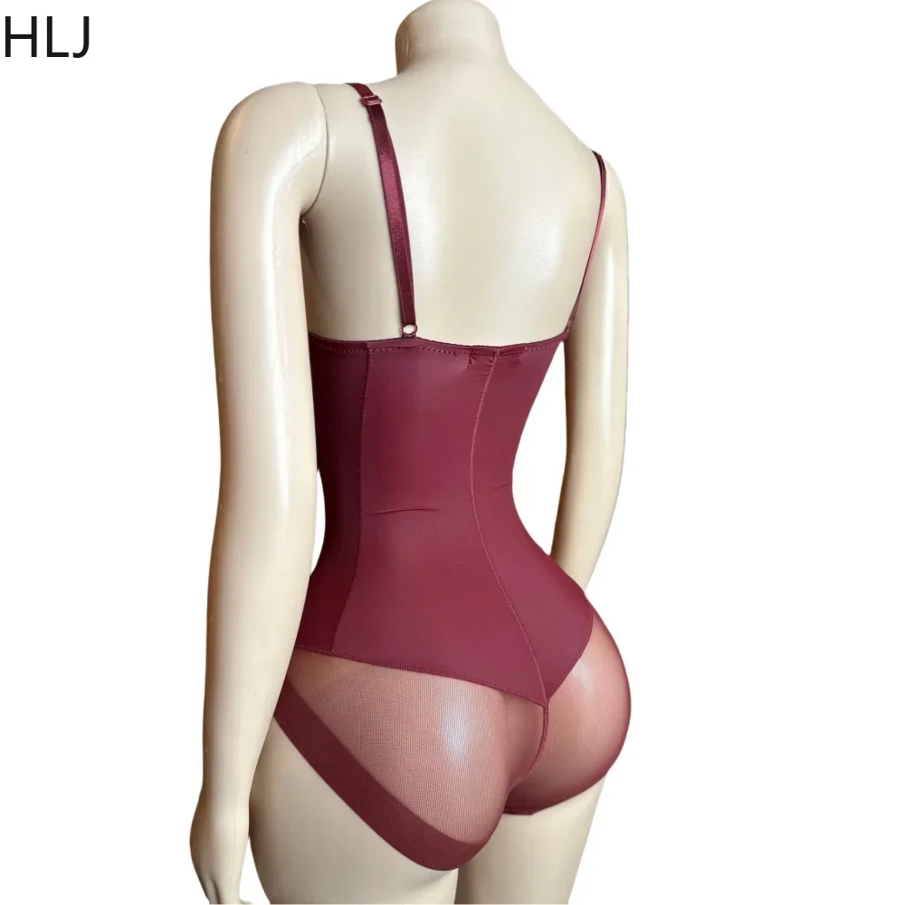 Hlj sexy sólido decote em v cinta de espaguete magro bodysuits feminino sem mangas sem costas alta elástica bodycon macacão feminino clubwear