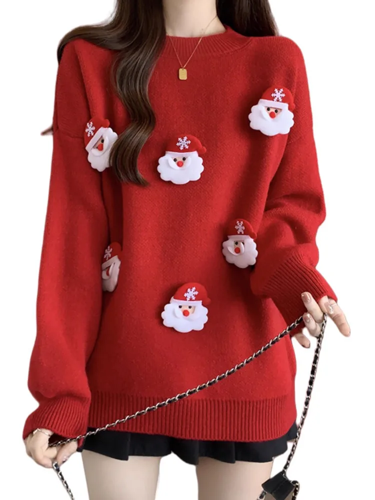 Y2K Sweet Girls Kawaii Santa 3D Applique Crew Neck Sweater for Women Soft Knit Jumper Christmas Party Aesthetic Long Sleeve Top
