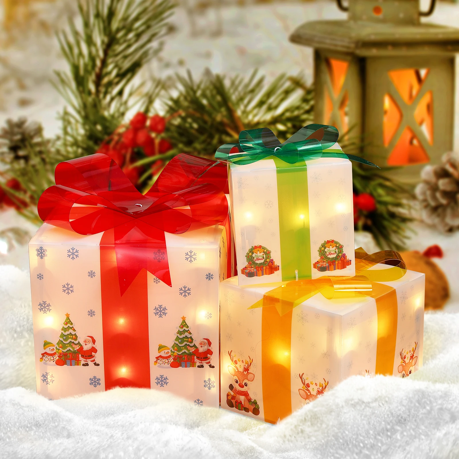 Christmas Indoor Decorative Lighting Gift Box Set - 3Pcs Cartoon Gift Boxes for Xmas Tree, Holiday Party, Home Decorations