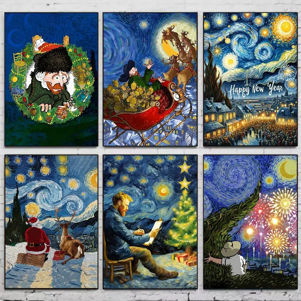 

Starry Sky Van Gogh Christmas Poster Home Living Bed Room Bar Hallway Sticky Wall Art Printing Waterproof Aesthetic Decor