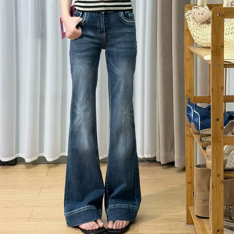 American Style Retro Low Waist Elastic Micro Flared Denim Jeans Women's 2026 New Autumn Spicy Girl Slim Wide Leg Long Pants