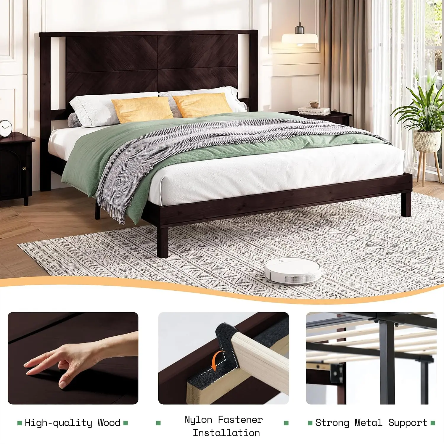 Solid Wood King Size Bed Frame with Headboard, Mid Century Modern Style Platform Bed with Under-Bed Storage, No Box, Custom image 2