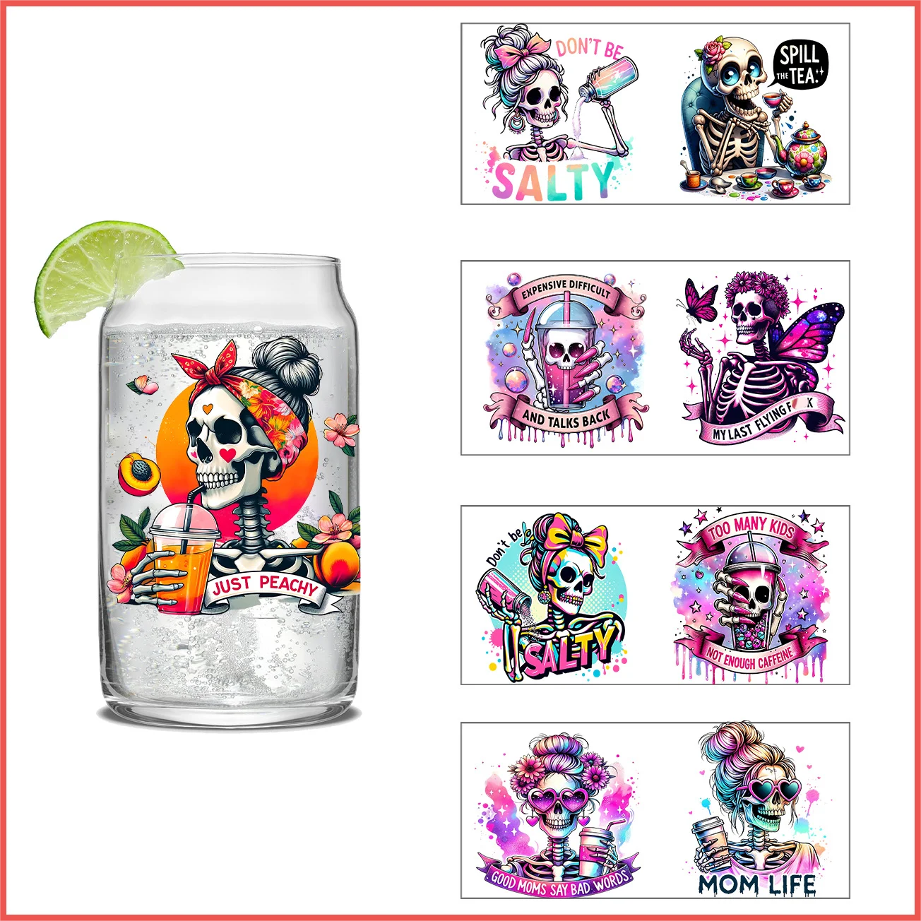 

Colorful Skull Design Cup Stickers 16oz Cup Uv Dtf Wrap Self-Adhesive Transfer Decals Custom Mom Life Wrap Printing Sticker