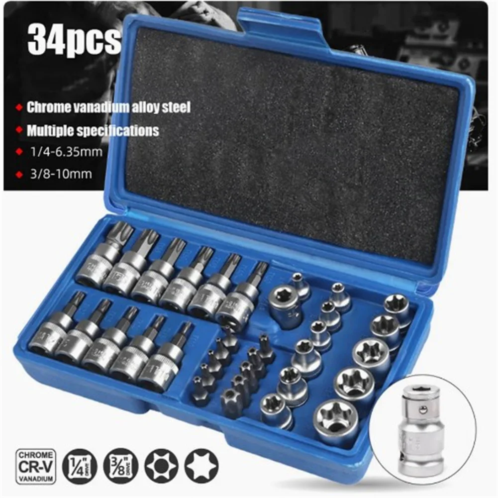 

34Pcs Torx Star Sockets Security Bit Set 5/16" Hex Socket Screw 3/8" Ratchet Wrench Socket Bit Set Screw Combination Tool