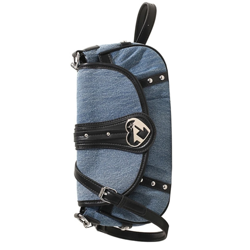 ผู้หญิง Denims กระเป๋าสะพาย Punk Heart Buckled Crossbody กระเป๋ากระเป๋าถือขนาดเล็ก E74B