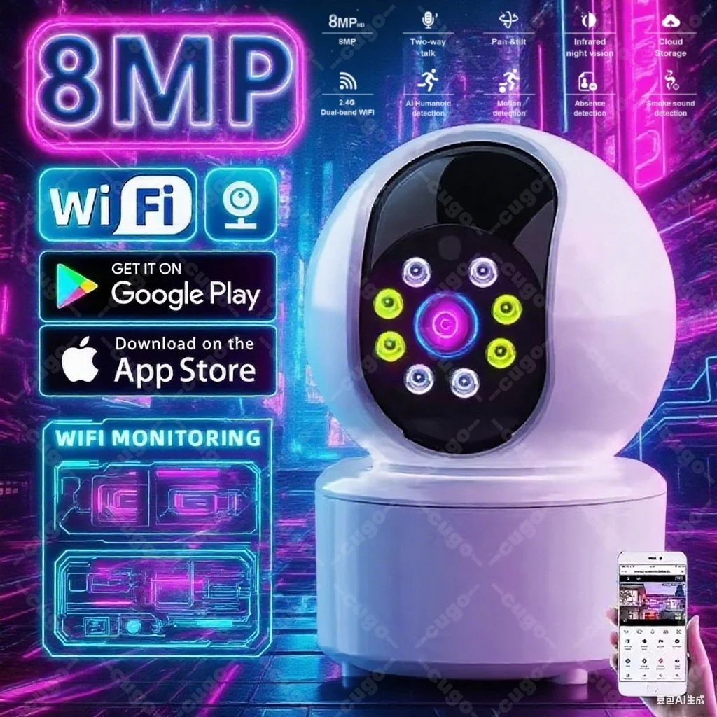

8MP WIFI Camera Smart Baby Monitor 360° Pan-Tilt Color Night Vision 2-Way Audio Floodlight Night Vision Home Surveillance Camera
