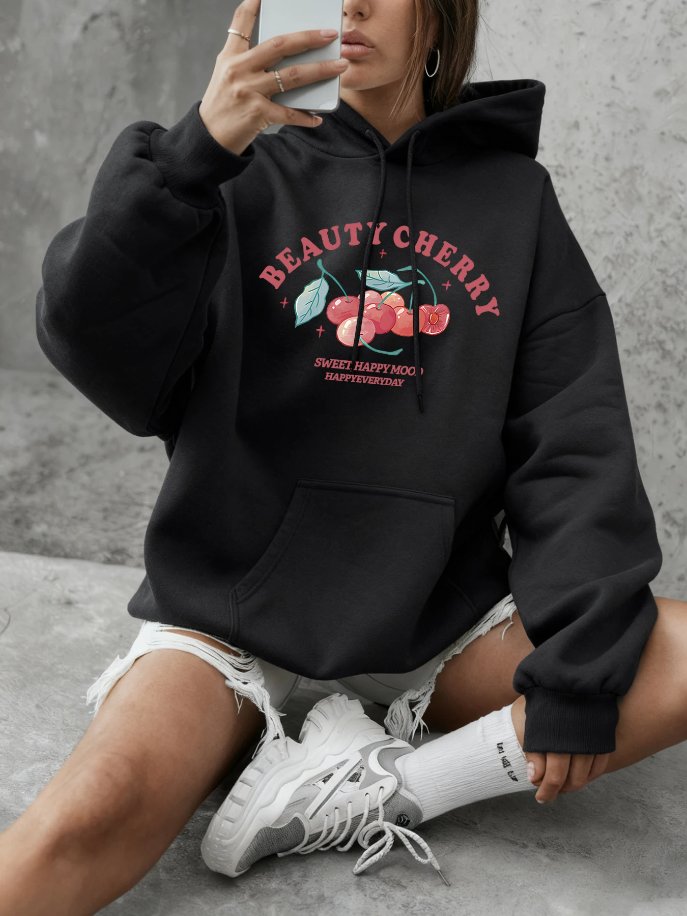 ビューティーチェリーアートレターデザイン服レディーススポーツ快適なパーカー長袖ソフトストリートウェアストリートスポーツスウェットシャツ