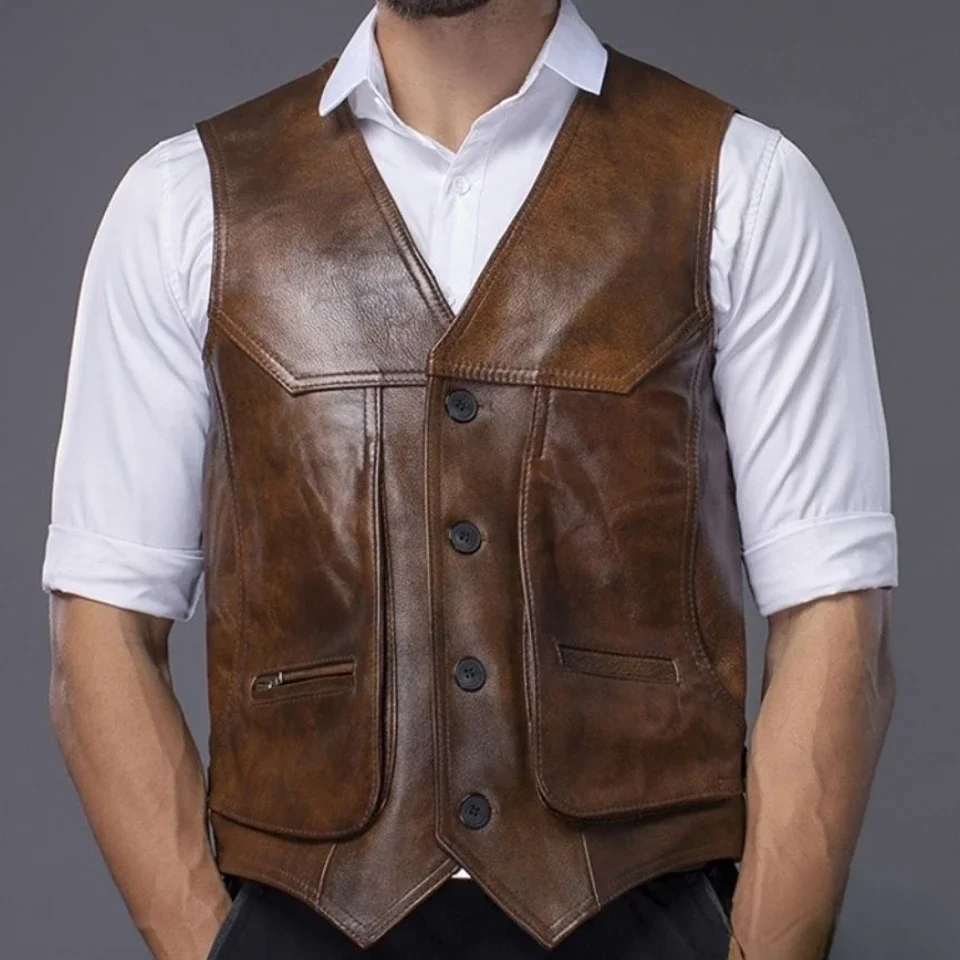 Men Vests First Layer Cowhide Leather Vest Men's Multi-pocket Slim Vest Keep Warm In Spring and Autumn