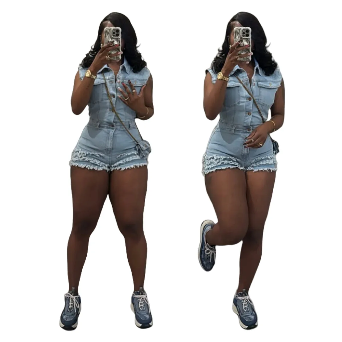 

Jumpsuits Denim Rompers Women One Piece Shorts Stretch High Waist Sleeveless Single Breasted Summer Streetwear Jeans Short Pants