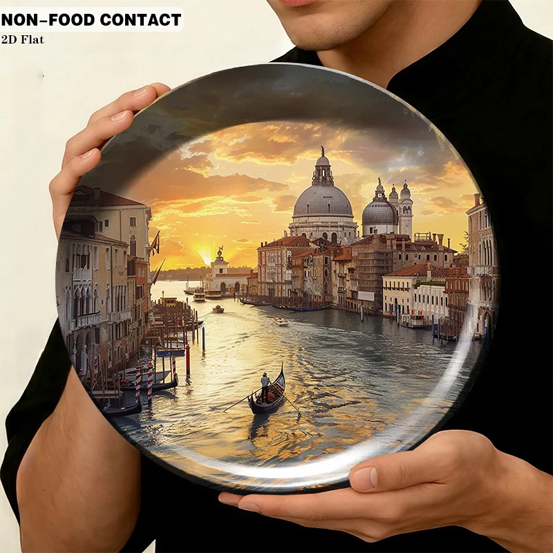 1pc Ceramic Decorative Plate, Golden Venice Canal Scene Art Decorations, (For Decorative Purposes Solely, NON-FOOD CONTACT) -