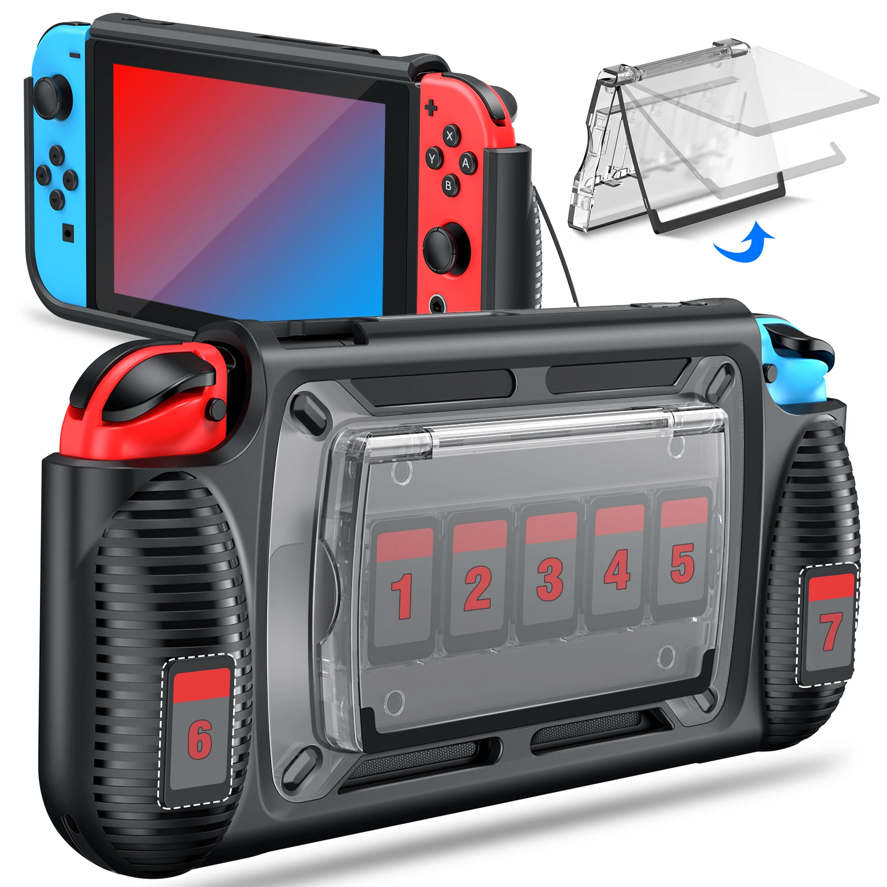 Casing Pelindung Tahan Benturan untuk Nintendo Switch dengan 7 Slot Penyimpanan Kartu Game Casing Penutup Pelindung untuk Aksesori Sakelar